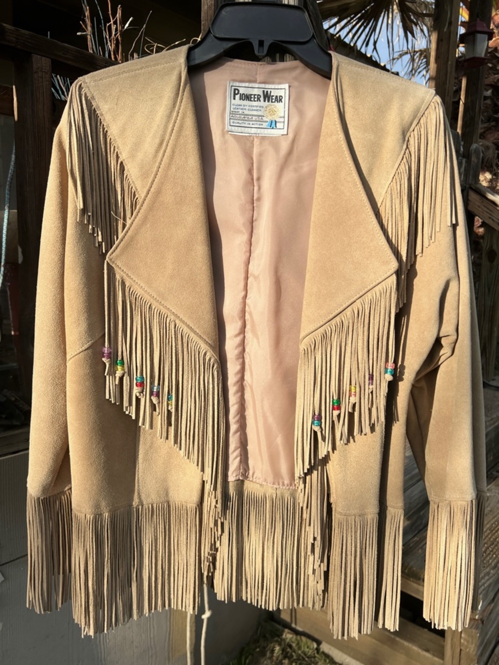 Tan Suede Fringe Jacket with Bead Accents
